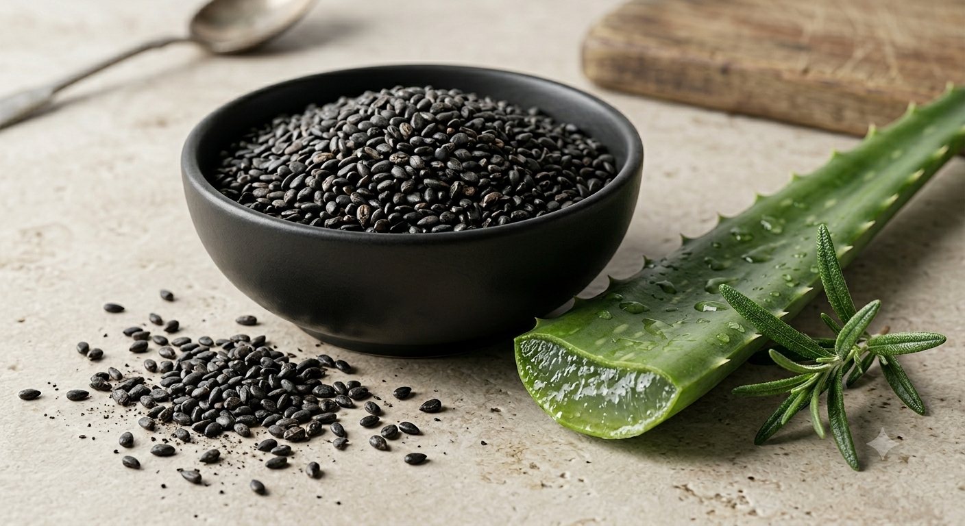 A bowl of black rice with aloe vera and rosemary on a warm stone surface