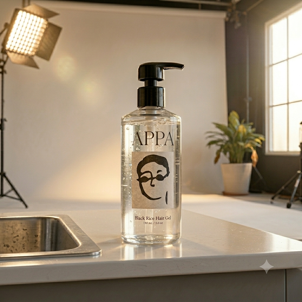 APPA Black Rice Styling Gel bottle in soft studio light